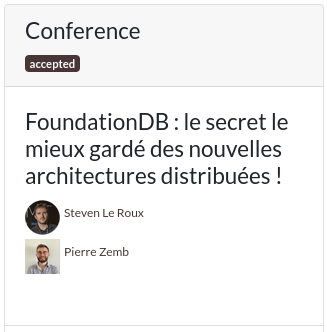 PierreZ's tweet image. J&apos;ai oublié de l&apos;annoncer, mais avec @GwinizDu, on vous parlera de #FoundationDB à @DevoxxFR 🤩🤩

Merci à l&apos;équipe du CFP pour leur confiance 🥰🥰