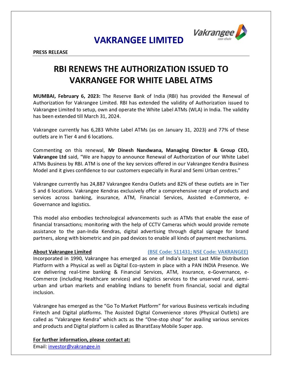 Vakrangee_Ltd's tweet photo. RBI renews the authorization issued to Vakrangee for White Label ATMs.
#Vakrangee #VakrangeeKendra #ATM #WhiteLabelATM #WLA https://t.co/19tutn47PB
