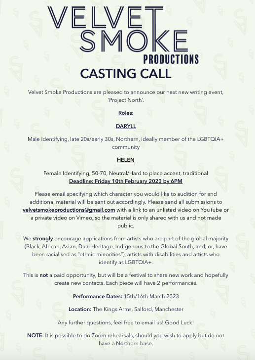 VelvetSmokeProd's tweet photo. 🚨 CASTING CALL 🚨

We are still looking for these characters - if you know anyone that fits, please share this with them!

#theatre #ProjectNorth #casting #castingcall #northern #acting https://t.co/8PTOGOn2M8