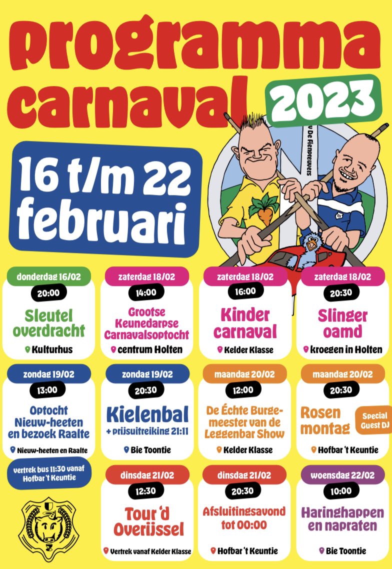Fienpreuvers's tweet photo. Programma Carnaval 2023 🎉 #Fienpreuvers #Carnaval #Holten #Mooiman #Keunedarp https://t.co/LyRgaSkZRX