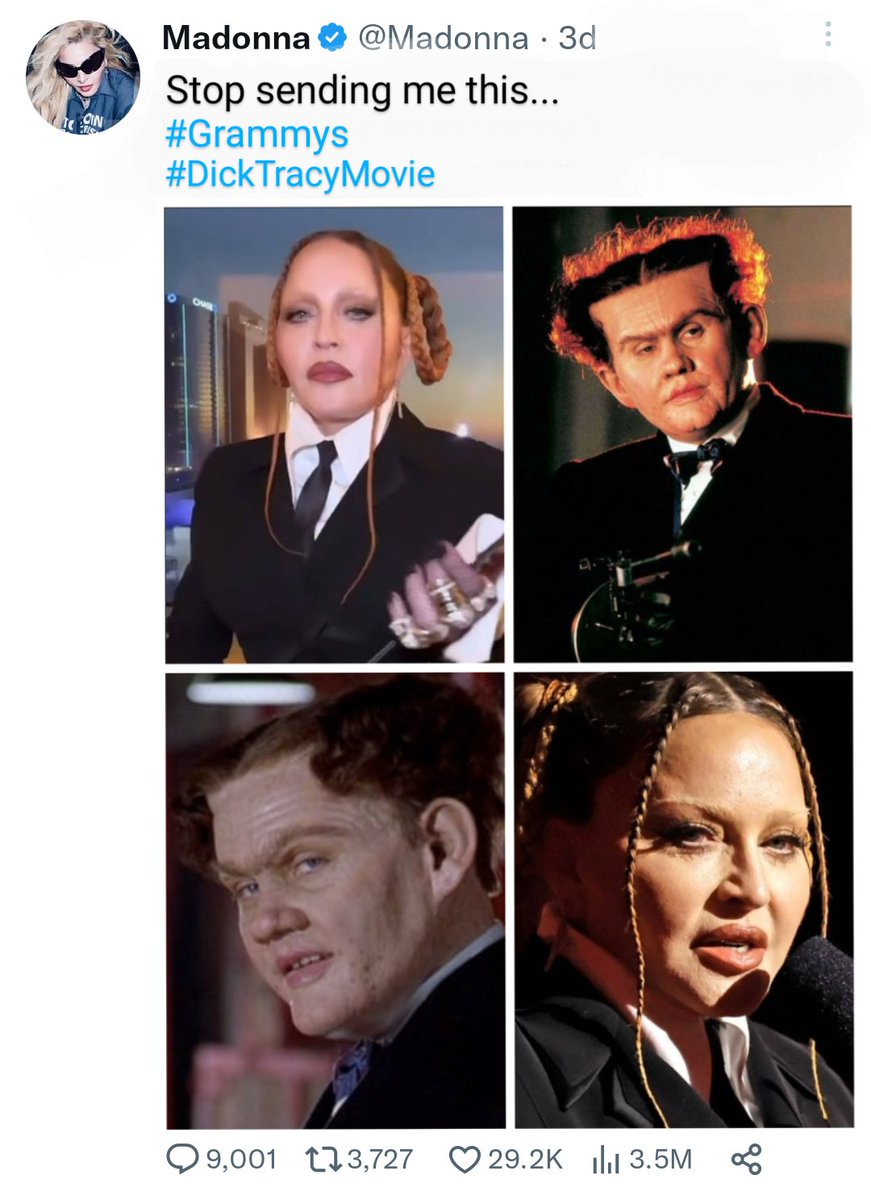 JamesDeanGraham's tweet photo. #Grammys2023 #DickTracyMovie #Flattop #Madonna https://t.co/gLKyY43FiW