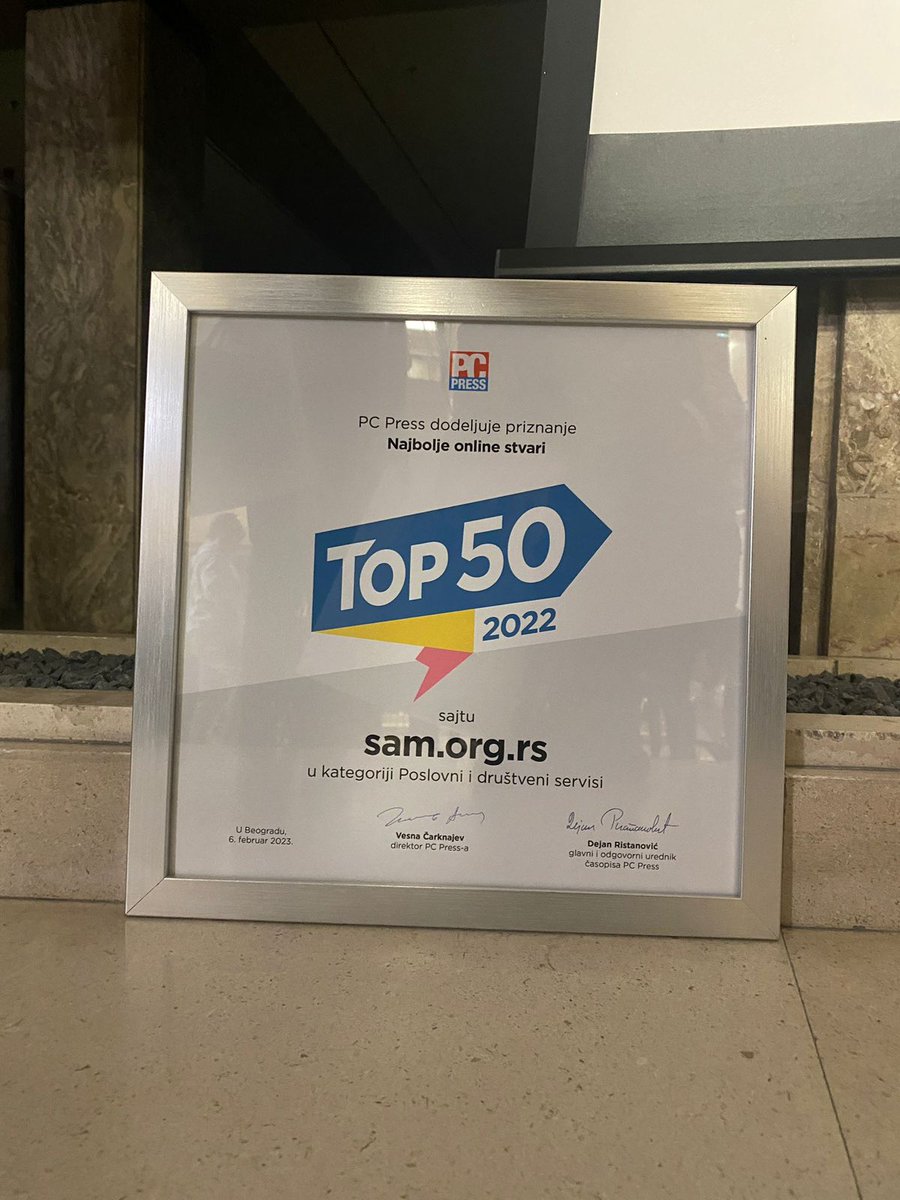 menadzerSAM's tweet photo. Veliko nam je zadovoljstvo da podelimo sa vama da se naš sajt https://t.co/ayCLFGkHiF našao među Top50 najboljih online stvari koje organizuje @PCPressRS i osvojio priznanje u kategoriji Poslovni i društveni servisi!
#news #ponosansam #managerSAM #awards https://t.co/YJKpBYg5Rg