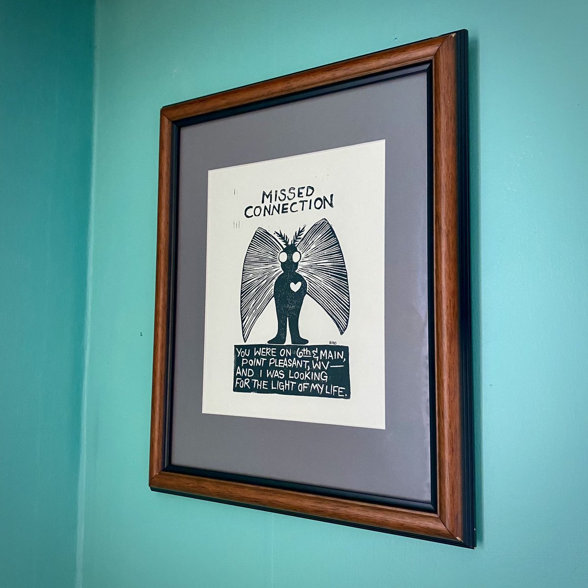 Queerpersonals's tweet photo. Cryptid missed connection alert! Has anyone seen Mothman’s muse? 

I got this gem from @asho_buckingham during their pop up @mobtownbrewing. If u love some cryptid Art &amp; other incredible prints, you HAVE to check out Asho’s stuff.

#missedconnections #personals #mothman #cryptids https://t.co/R1E70Nbjwp