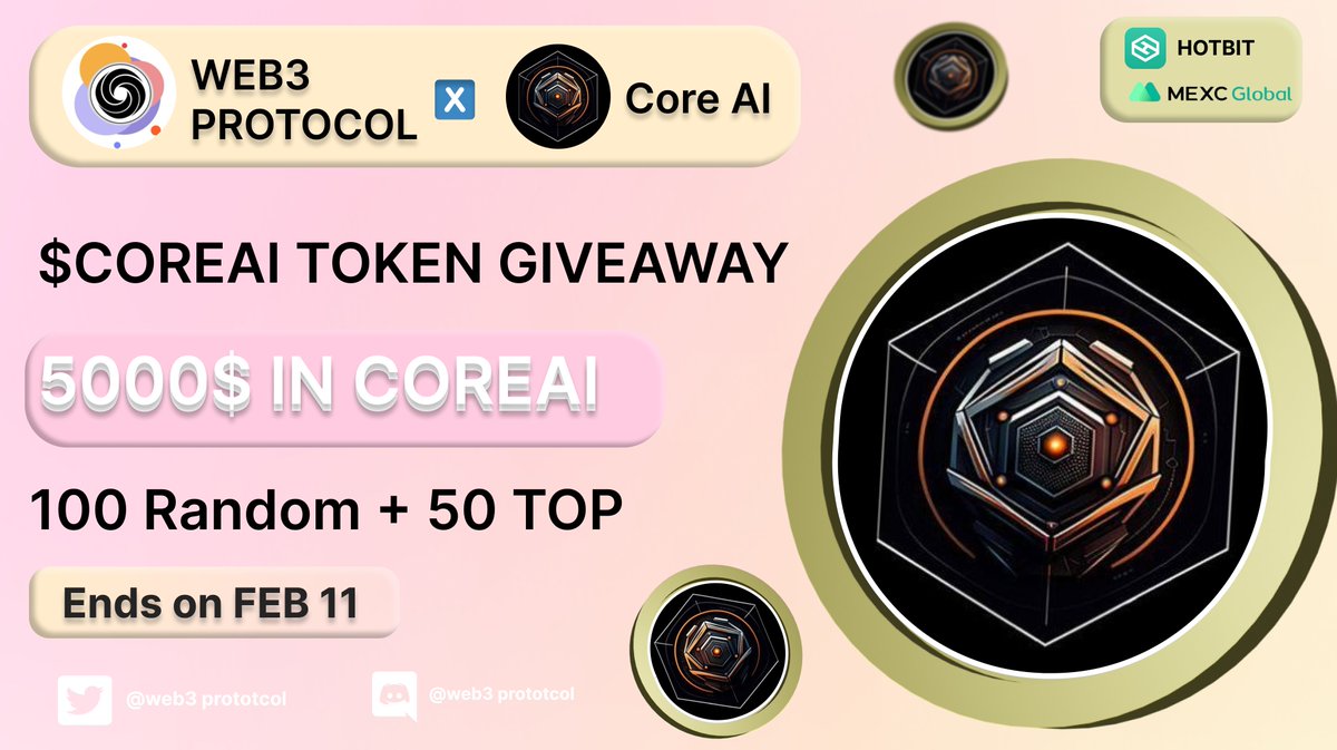 Web3_Protocol's tweet photo. 🎉Web3 Protocol X CoreAI Massive Giveaway

 🏆Prize Pool: $5000 COREAI (Soon in Mexc/Hotbit)

1 COREAI = 5USDT 

To Enter :- 

✔️Follow  @Web3_Protocol &amp; @CoreAI_BSC
✔️Like and RT 3 friends
✔️ Fill form : https://t.co/tgpzsBReyk
#Airdrop #Giveaway #Giveaways #USDT https://t.co/ms9aElewXn