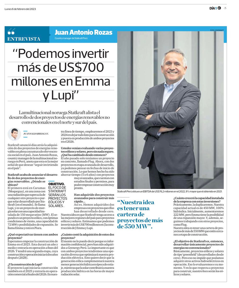 StatkraftPeru's tweet photo. ¡La energía solar y eólica nos iluminarán durante los próximos años! ☀️🌀

Conoce más sobre nuestros proyectos en la nota que @elcomercio_peru le hizo a nuestro Country Manager @JAntonioRozas  ⬇️

#StatkraftPerú 
#EnergiaLimpia https://t.co/GtdL2geHBp