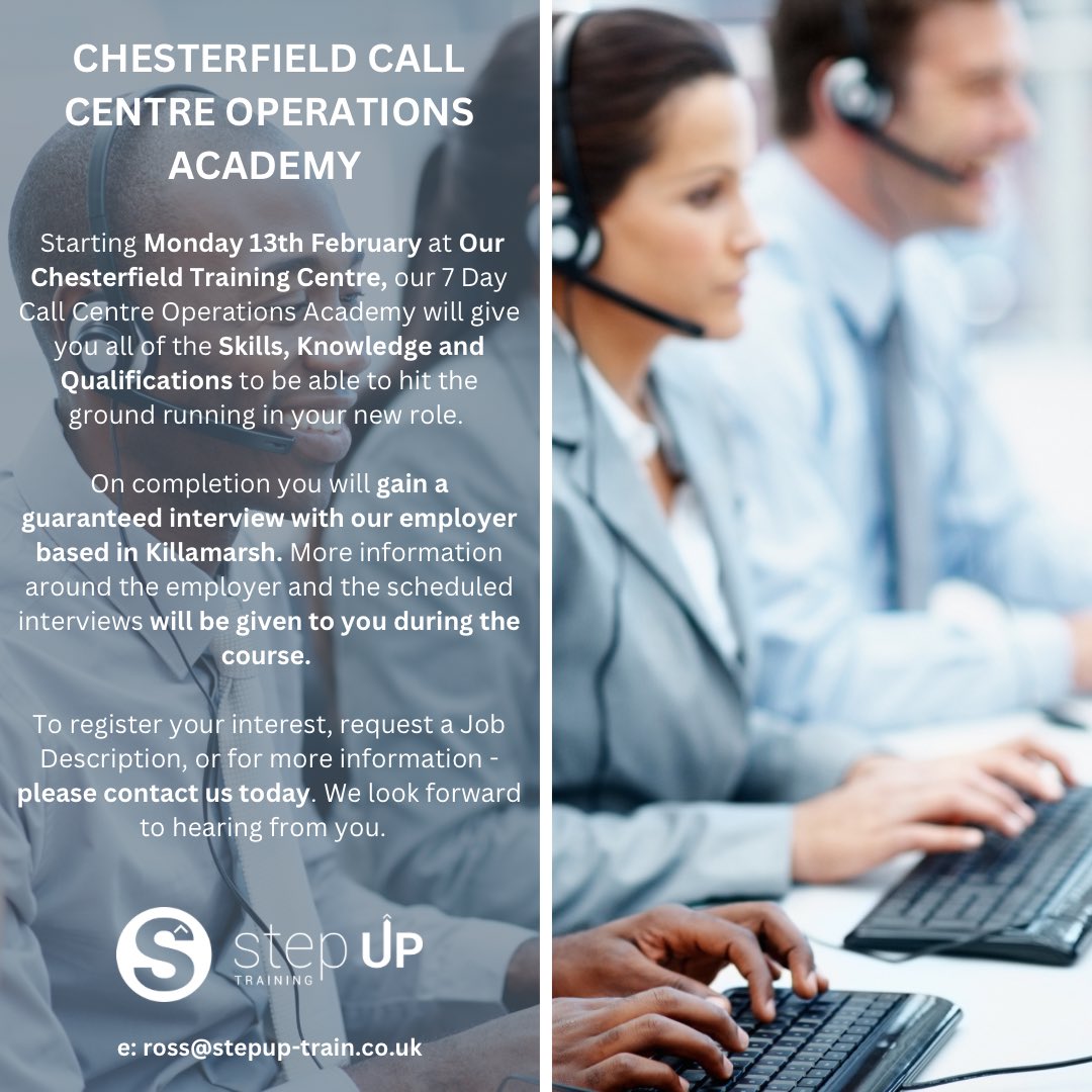 stepuptrain's tweet photo. 📞 Chesterfield &amp; Sheffield Call Centre Operations Academies. 📞

Both running next week, our next instalments of Call Centre Operations Courses will give you all of the Skills, Knowledge, Qualifications &amp; overview of the employer based in Killamarsh. 

Contact us today! 📧 https://t.co/2v2jeVC0Ly
