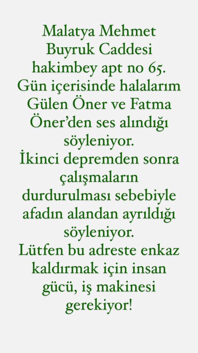 theoener's tweet photo. Şu an enkazda afad olmadığını öğrendik. Lütfen sesimizi duyurun hala umudumuz var!!! @DepremDairesi @AFAD_gonullu @MalatyaBelTr @1982denBeri @HergunBesiktas_ @Malatyaitfaiyee @TC_icisleri @istanbulbld https://t.co/vYUleQ19h6