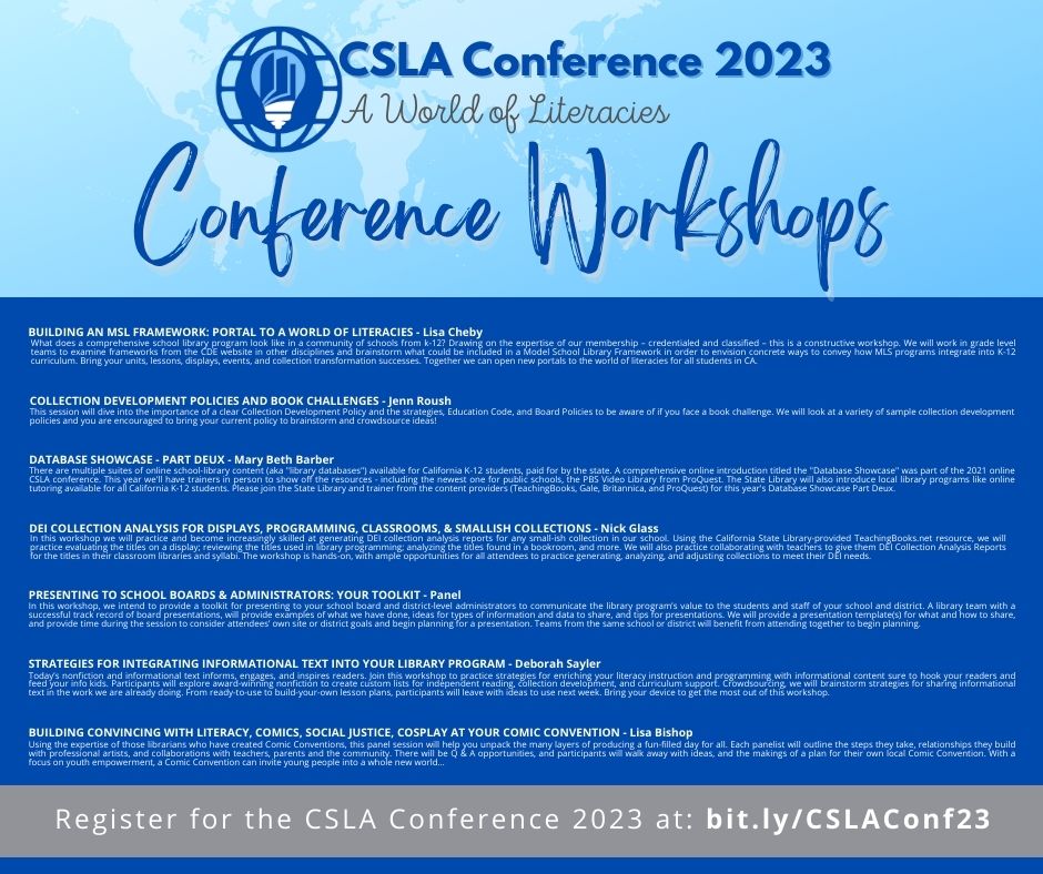 4csla's tweet image. Our #CSLAConference is full of amazing workshops and sessions. Library representatives and professionals have so much to share - you won&apos;t want to miss a thing!
Register today at buff.ly/3LpPLBt.
#4csla #ProfDev #SchoolLibraries #CaliforniaLibraries #librarytwit…