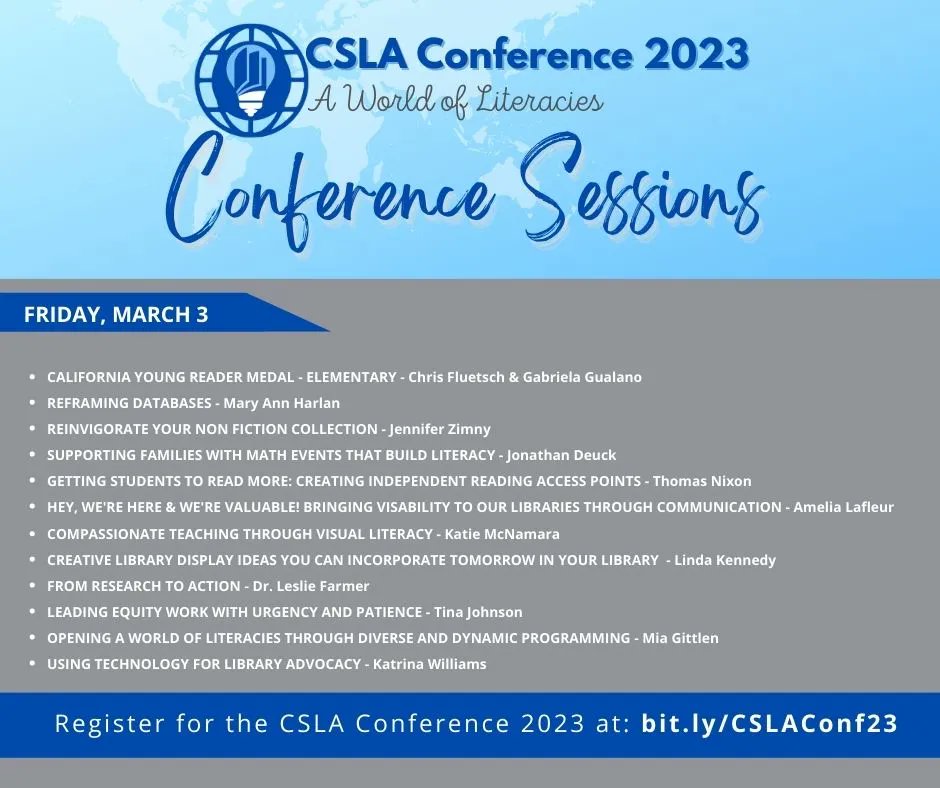 4csla's tweet image. Our #CSLAConference is full of amazing workshops and sessions. Library representatives and professionals have so much to share - you won&apos;t want to miss a thing!
Register today at buff.ly/3LpPLBt.
#4csla #ProfDev #SchoolLibraries #CaliforniaLibraries #librarytwit…