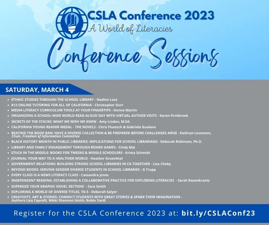 4csla's tweet image. Our #CSLAConference is full of amazing workshops and sessions. Library representatives and professionals have so much to share - you won&apos;t want to miss a thing!
Register today at buff.ly/3LpPLBt.
#4csla #ProfDev #SchoolLibraries #CaliforniaLibraries #librarytwit…