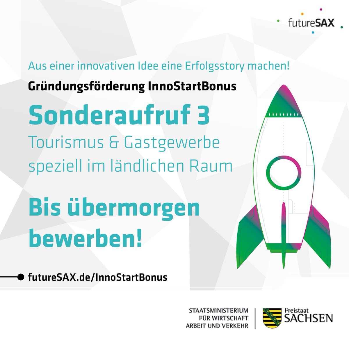 futureSAX's tweet photo. ⏰Der Countdown läuft! 
Reichen Sie noch bis Mittwoch Ihr innovatives #Konzept im #Tourismus &amp; #Gastgewerbe aus dem ländlichen Raum für den #InnoStartBonus ein! 
➡️Das Bewerbungsformular und alle weiteren Infos finden Sie hier: https://t.co/XPIb1uP8XS https://t.co/FzOF7HD4td