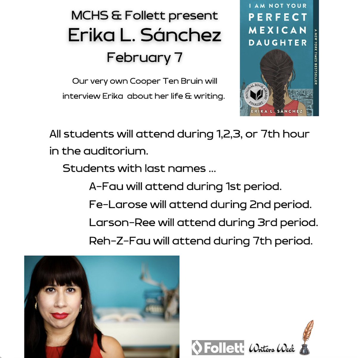 ✍️✍️ WRITER'S WEEK IS HERE ✍️✍️

TOMORROW, AUTHOR ERIKA L. SANCHEZ WILL BE HERE -- HOSTED BY THE AMAZING <a href="/cooper_tenbruin/">Cooper Ten Bruin</a> -- TO TALK ABOUT HER CAREER AND JOURNEY AS AN AUTHOR! 

USE THE SCHEDULE BELOW, AND WE CAN'T WAIT TO BEGIN CELEBRATING WITH YOU ALL! <a href="/MCHS156/">McHenry</a>