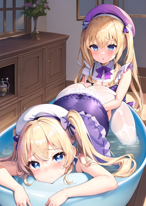 niji_bot's tweet photo. ■ SDの"bent over"呪文について

虹絵の有名な構図としてbent over(前屈姿勢)がある。

これをpromptに混ぜ込むと添付図のような前屈姿勢となる。

2girlsと指定していると高い確率でその背後に少女が生成される。少女に(少女が？)何かいけないことをされているところを想像して楽しむがよいよい。😁 https://t.co/bVO9MuMk0m