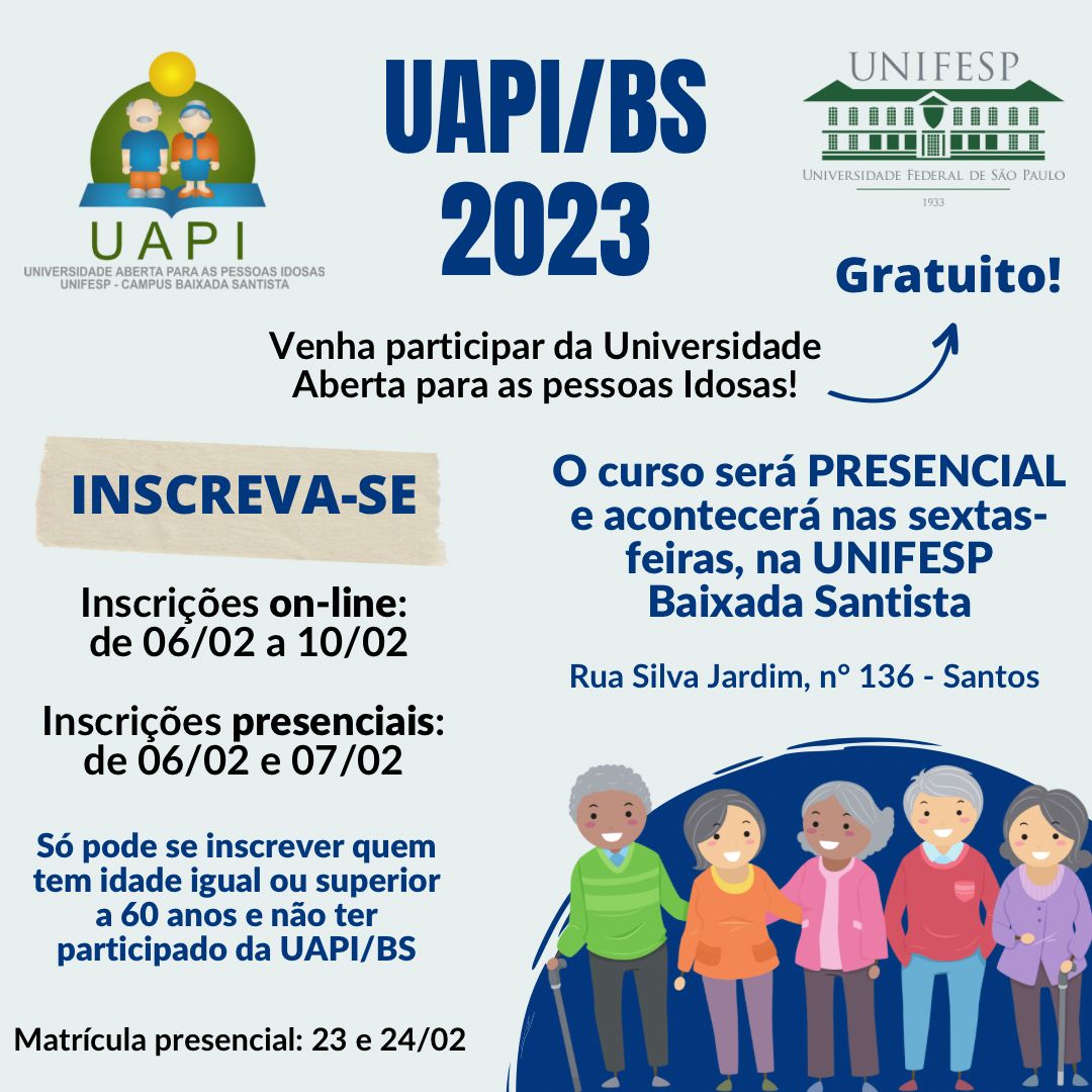unifesp's tweet photo. ➡ Você tem 60 anos ou mais? Não perca essa oportunidade! ☑️ Com aulas presenciais durante o período de um ano, curso da Universidade Aberta para as Pessoas Idosas (#UAPI) do Campus Baixada Santista da #Unifesp recebe inscrições até 10/2: https://t.co/hPzEAyCJpH. #somosunifesp https://t.co/j3h0ILZWkx