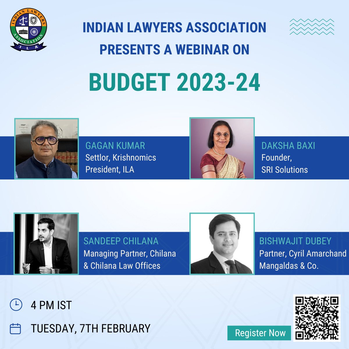 IndianLawyers_'s tweet image. The Budget 2023 lays down the blueprint for a prosperous and inclusive India @ 100. 

Join us tomorrow where experts from varied fields will share their thoughts and analysis on Budget 2023-24

🗓️ Tuesday, 7th February at 4 PM IST

Register at tinyurl.com/mry2xdu9