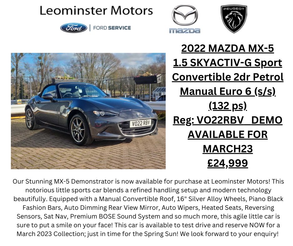 LeominstMotors's tweet photo. Chilly it might be but when the sun is shining over our Leominster showroom we have to show you a Mazda MX-5 @HerefordHourbiz #Mazda #MX5 #sportscar #opentopdriving https://t.co/CLRoNQaw3C