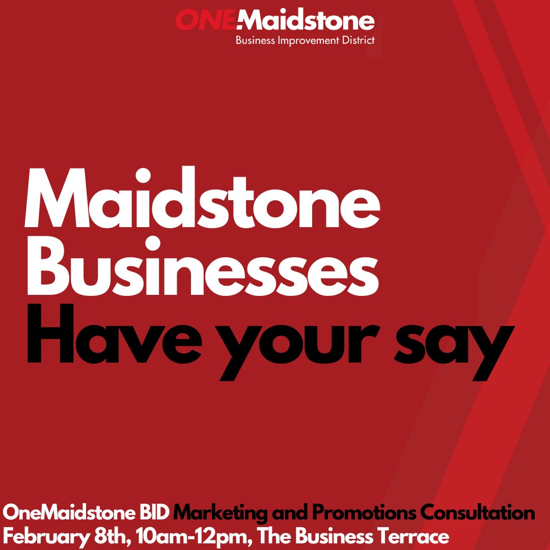 Maidstone Businesses - Have your say!

Maidstone Town Centre businesses, join us this Wednesday 10am-12pm for our 'Marketing and Promotions Business Consultation' and have your say about the future of Maidstone Town Centre.
Register here: docs.google.com/forms/d/e/1FAI…