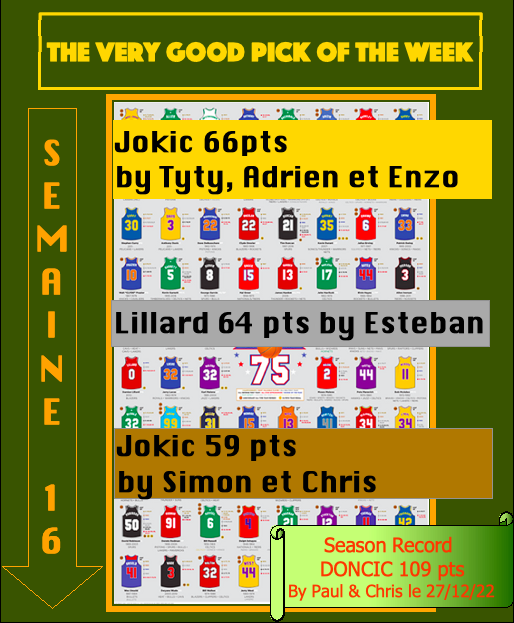 TTFLcarotpick's tweet image. Seulement 3 BP cette semaine pour nous, mais des bons choix payants (merci Jokic).
#BP #TTFL #GoodPick