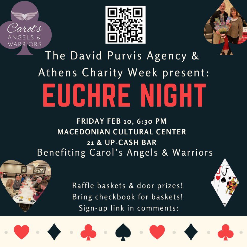 Athens Charity Week - Adult EUCHRE TOURNAMENT - This FRIDAY, Feb. 10th 6:30 PM 
Sign up here: bit.ly/3XpIuqD 
❤️💛 #GoHawks #CharityWeek2023 <a href="/athens_pto/">Athens PTO</a> @AHS_Athletics22 <a href="/troy_athens/">Troy Athens High School</a> <a href="/CAWsforcause/">Carol’s Angels and Warriors</a> <a href="/AthensStuco/">Athens StuCo #redhawkpride</a>