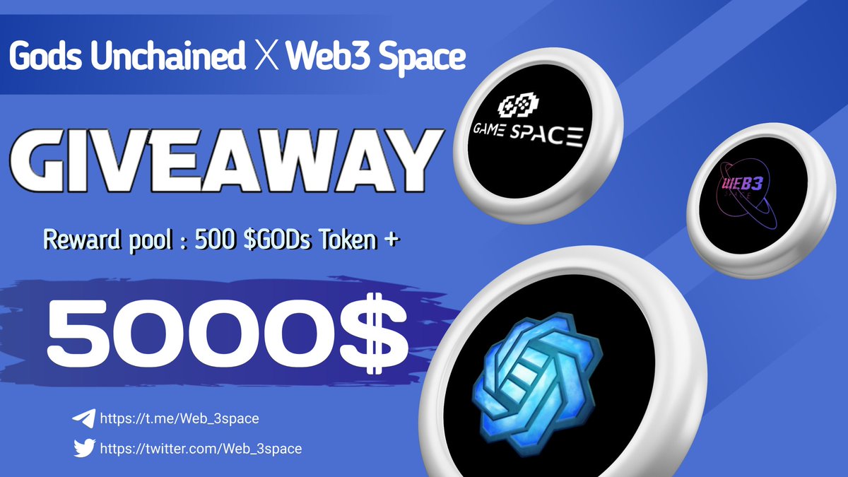 Web_3space's tweet photo. 🥳🥳 Gods unchained  X WEB3 space #BiG #Airdrop 

🤩🤩 Total Prize Pool - 500$ + 5000$ worth of GODs token

To Enter ⤵️
➡️ Follow @GodsUnchained
➡️ Like, RT &amp; Tag 3 Friends
➡️ Finish Gleam: https://t.co/2yHRiknyGM

⏱️ 8th February 

#Airdrop #Web_3space #Giveaway #Crypto #FCFS https://t.co/T6NeAezYRL