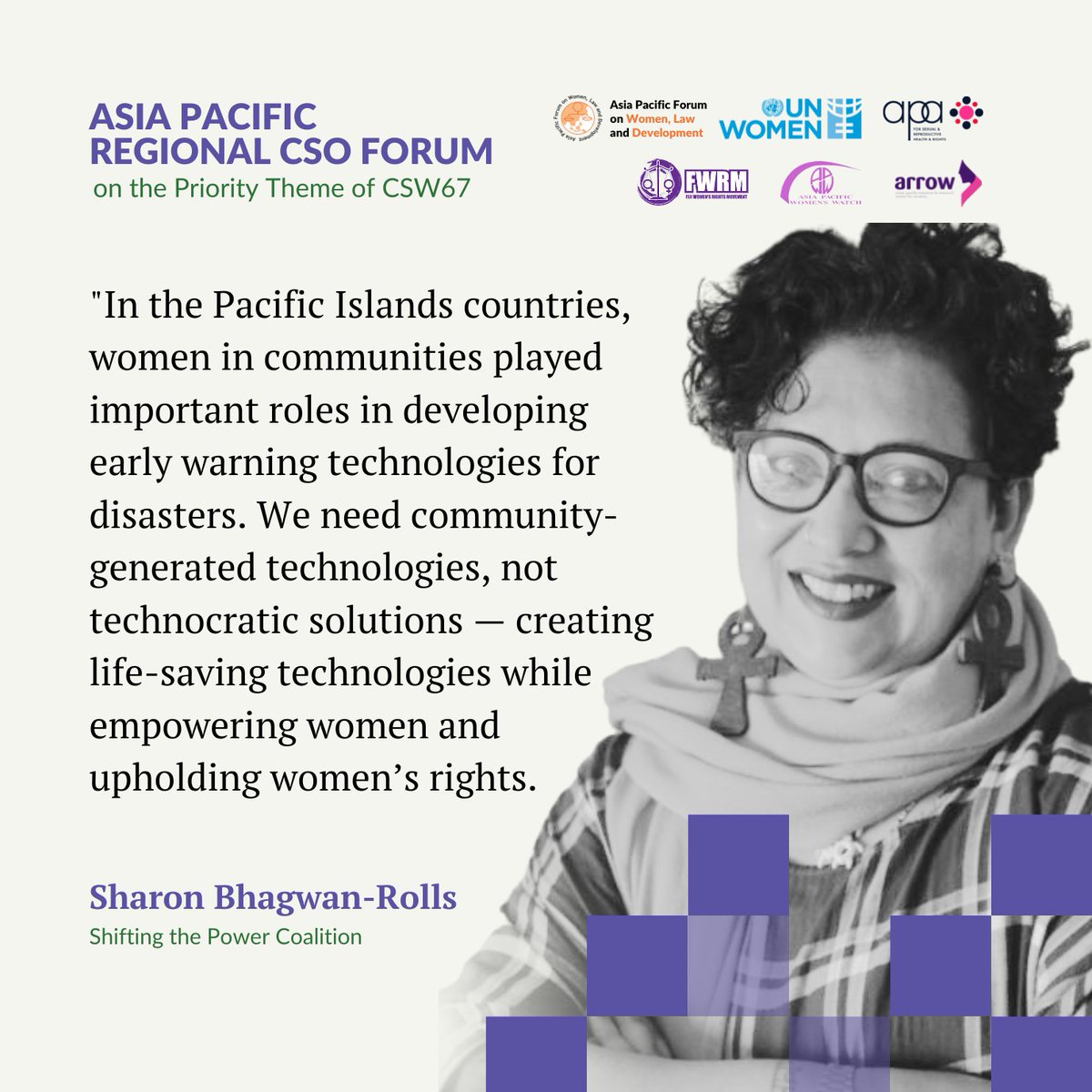 apwld's tweet image. In the Pacific Islands countries, women in communities played important roles in developing early warning technologies for disasters. We need community-generated technologies, not technocratic solutions." - Sharon Bhagwan-Rolls, @STPCoalitionPac