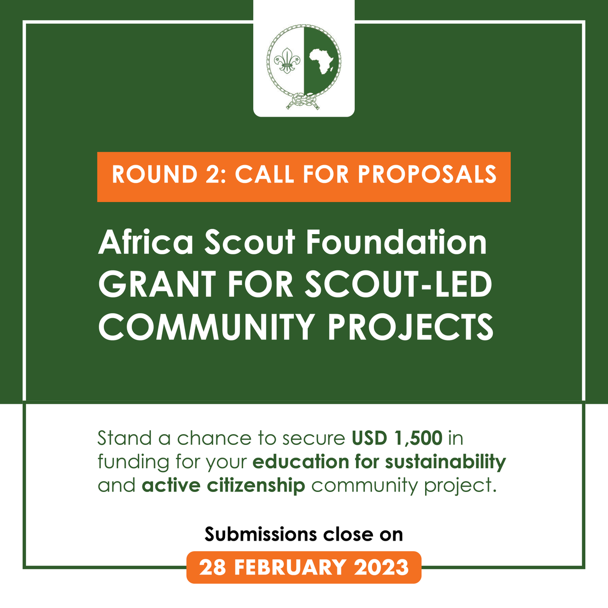 ScoutingAfrica's tweet photo. Stand a chance to secure USD 1,500 in funding for your education for sustainability and active citizenship community project.

Apply for the @AfricaScoutFund  Grant for youth-led community projects at https://t.co/LZEHT9B2tj. Submissions close on 28 February 2023. https://t.co/CDnPUI3Hr0