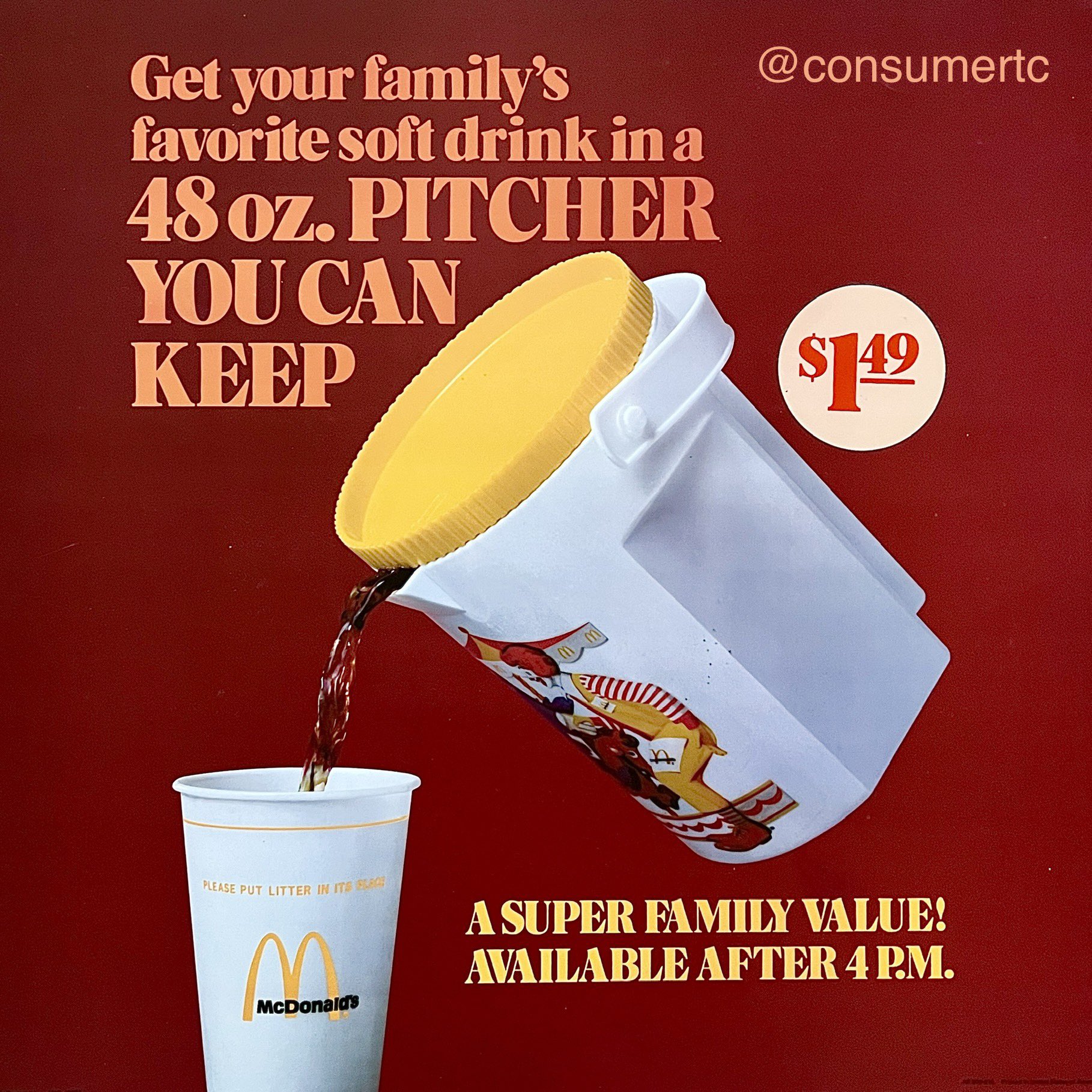 Consumer Time Capsule on X: Forget supersize… back in 1978, you could get  McDonald's to fill a giant, McDonaldland-themed PITCHER with soda for you  for a buck fifty.  / X