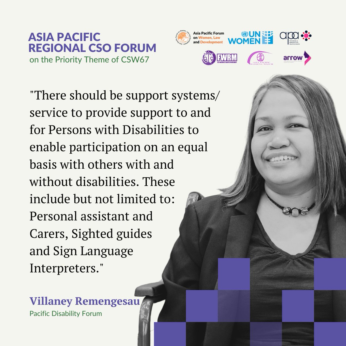 apwld's tweet image. "There should be support systems/service to provide support to and for Persons with Disabilities to enable participation on an equal basis with others with and without disabilities." -  Villaney Remengesau, @PDFSEC