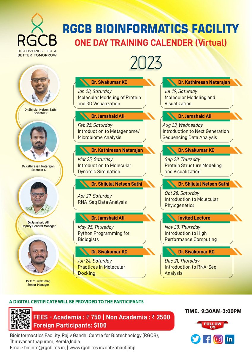 RGCB_Trivandrum's tweet photo. #RGCB Bioinformatics facility conducts an online training program each month. The schedule for the year 2023 is announced and for more details about registration and training fee please visit 
https://t.co/RrsVGG6owP https://t.co/ExnnQMhh3m
