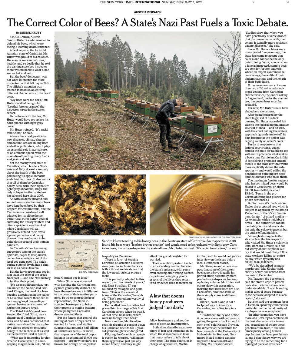 nisnis's tweet photo. I set out to write about local honeybees, and found so much more: Here's my Sunday @nytimes deep dive into the meaning of color, how it could result in the killing of millions of bees deemed "too dark" and why it all echoes back to Austria's Nazi past https://t.co/8ECmzJomkd https://t.co/dDeYTUF51G
