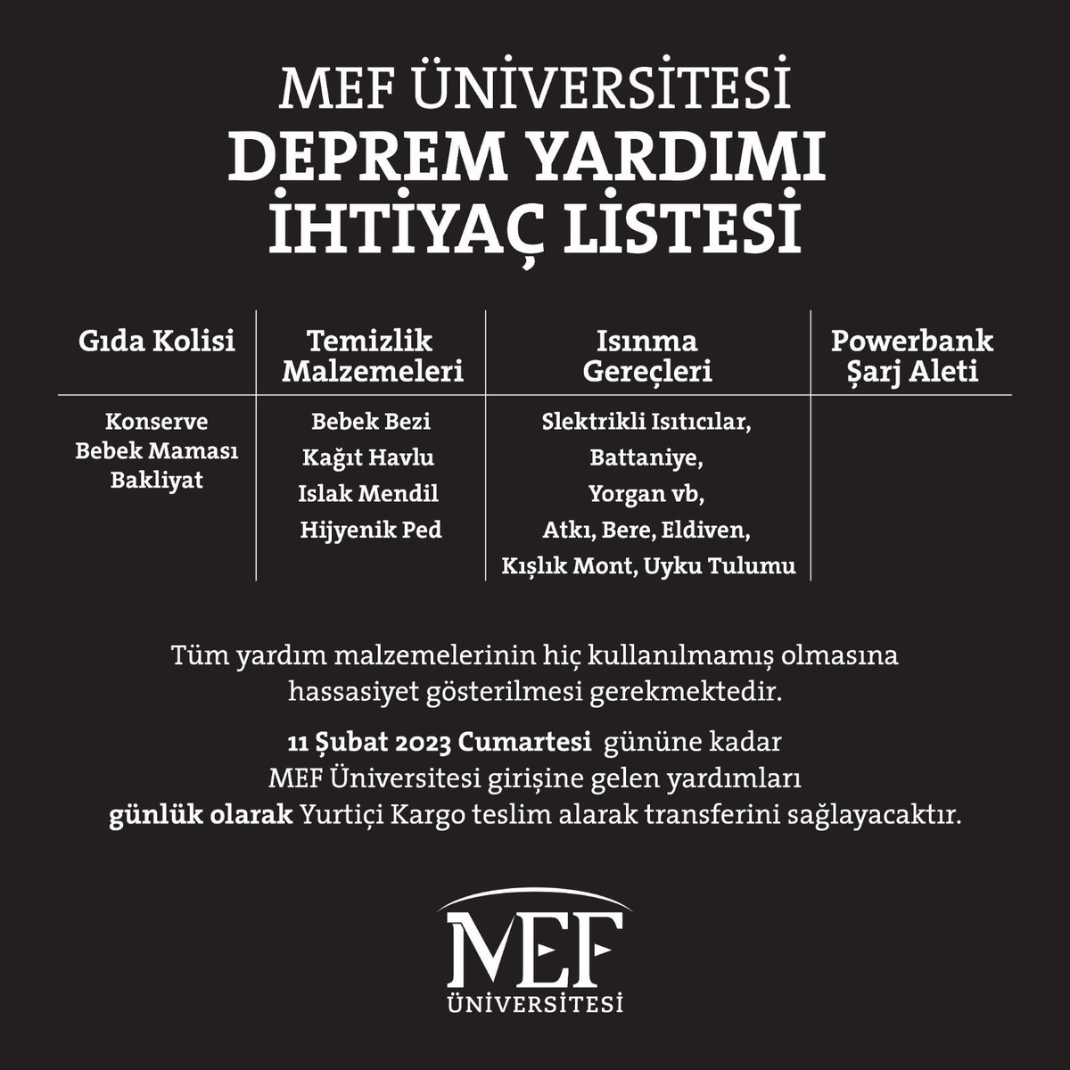 egitimajansi's tweet photo. MEF Üniversitesi,  deprem yardımı için ihtiyaç listesi paylaştı: 
https://t.co/3rrFnCMGQR https://t.co/ewQ10stcVG