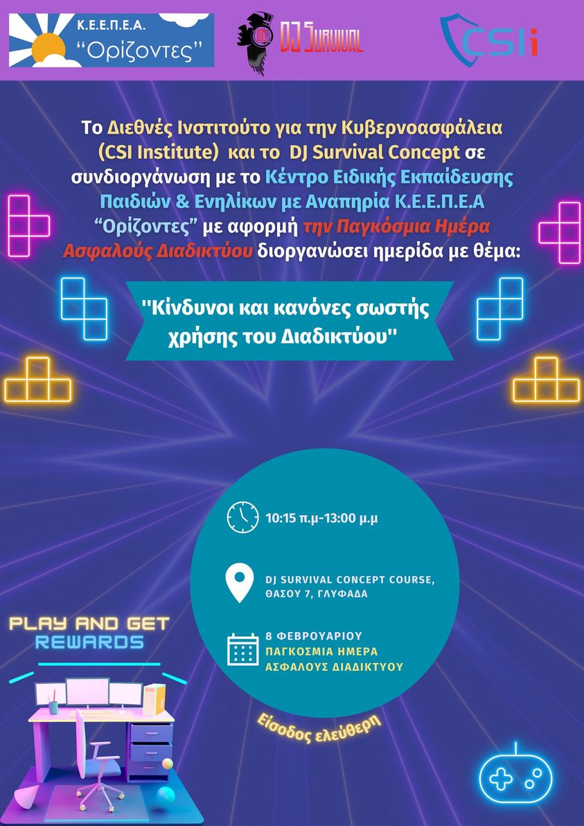 KeepeaO's tweet photo. Mε αφορμή την Παγκόσμια Ημέρα Ασφαλούς Πλοήγησης στο Διαδίκτυο, το Διεθνές Ινστιτούτο για την Κυβερνοασφάλεια, η σχολή μουσικής DJ Survival Concept και το Κ.Ε.Ε.Π.Ε.Α "Ορίζοντες" διοργανώνουν ημερίδα με θέμα: Κίνδυνοι και κανόνες σωστής χρήσης του Διαδικτύου.
#SaferInternetDay https://t.co/M2bPMG7tBI