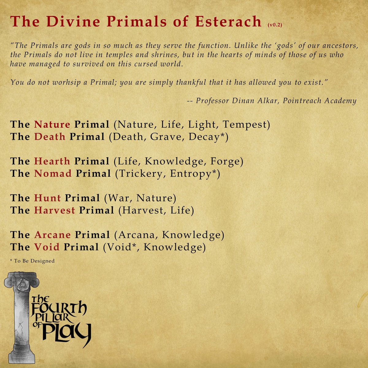 "Khol" is out...the Primals are in! In episode 14, we revise and expand the "gods" of Esterach!

player.captivate.fm/episode/b45b2d…

#dungeonsanddragons #dnd #gamedesign #ttrpg #opendnd