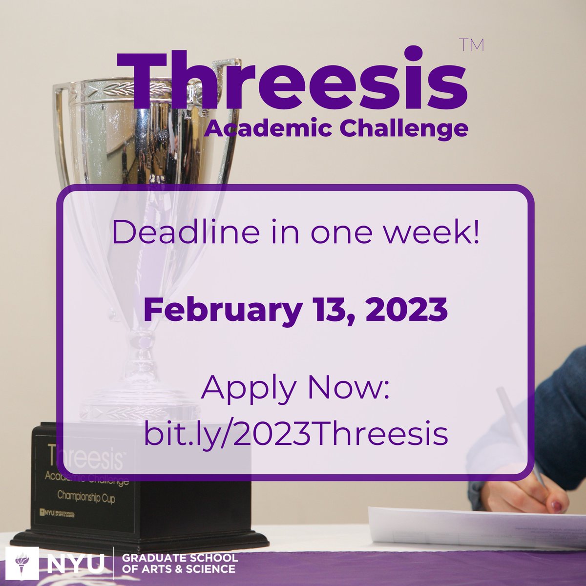 NYU_GSAS_MA's tweet photo. ⌛ Time is ticking, just one week left to apply for Threesis!

Threesis is a unique opportunity to present your master's research to a wider audience, gaining public speaking skills and networking opportunities along the way.

Apply by February 13: https://t.co/mVYHwUecyE https://t.co/0lzVNRxO8H
