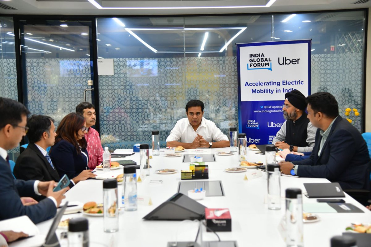 MinisterKTR's tweet photo. Minister KTR attended the e-mobility boardroom hosted by India Global Forum @IGFupdates and @Uber_India at Uber’s Hyderabad tech center.

During his address, @KTRBRS emphasized the need for collaboration between government &amp; industry to accelerate Electric Mobility in India. https://t.co/dsWVHdvUAm
