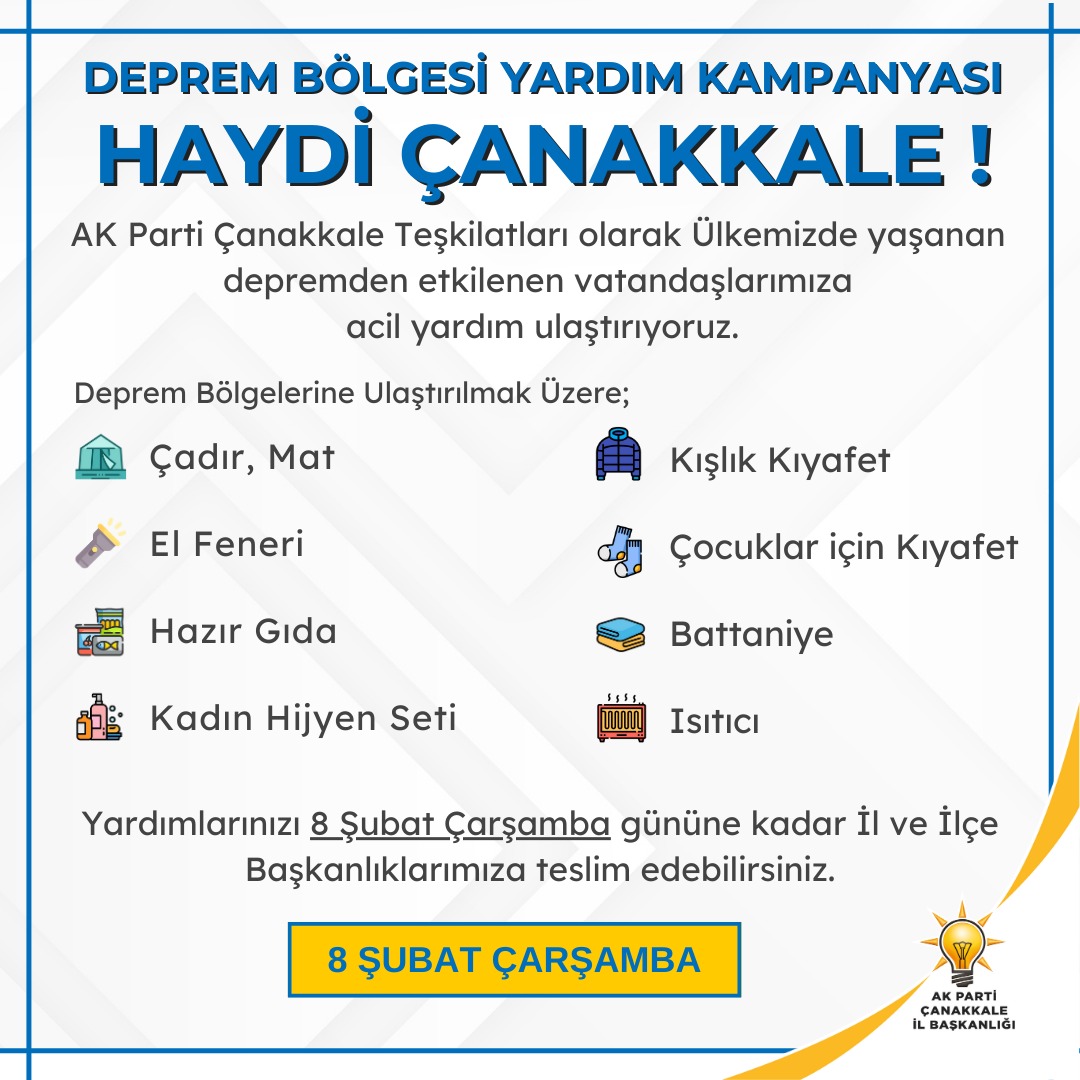 PartiLice's tweet photo. Kıymetli Hemşehrilerimiz; 
AK Parti Çanakkale teşkilatları olarak yardım kampanyası başlattık. 0544 873 27 57 nolu irtibat numarasından bizlere ulaşarak ya da İlçebaşkanlıklarımıza teslim edebilirsiniz. https://t.co/RP0VWefNE2