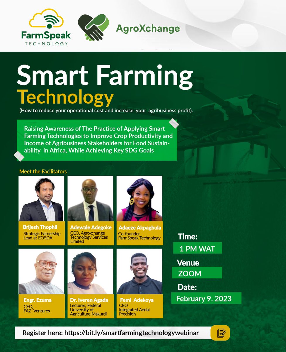 Agroxchange Technology Services Limited and <a href="/farmspeak1/">farmspeak</a> cordially invites you to its Free Webinar titled: Smart Farming Technology (How to reduce your operational cost and increase your agribusiness profit)
 
Click the link below to register
bit.ly/smartfarmingte…