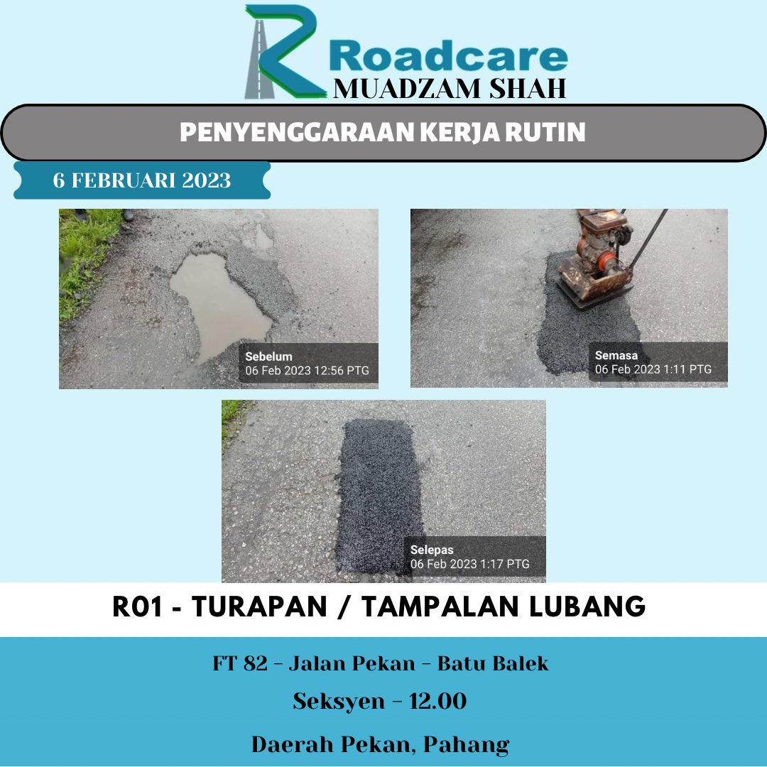 👷🏻‍♂️ #TeamRoadcareMuadzam 🚧
Penyenggaraan Kerja Rutin
R01 - Turapan / Tampalan Lubang

6 Februari 2023
FT 82 - Jalan Pekan - Batu Balek
Seksyen - 12.00
Daerah Pekan, Pahang

<a href="/JKRMalaysia/">JKR Malaysia</a> 
<a href="/JKRPAHANG/">JKR PAHANG</a> 
<a href="/JKRPekan/">JKR PEKAN</a> 
<a href="/Roadcare_HQ/">ROADCARE (M) SDN BHD</a> 
<a href="/Roadcare_Phg/">ROADCARE PAHANG</a>