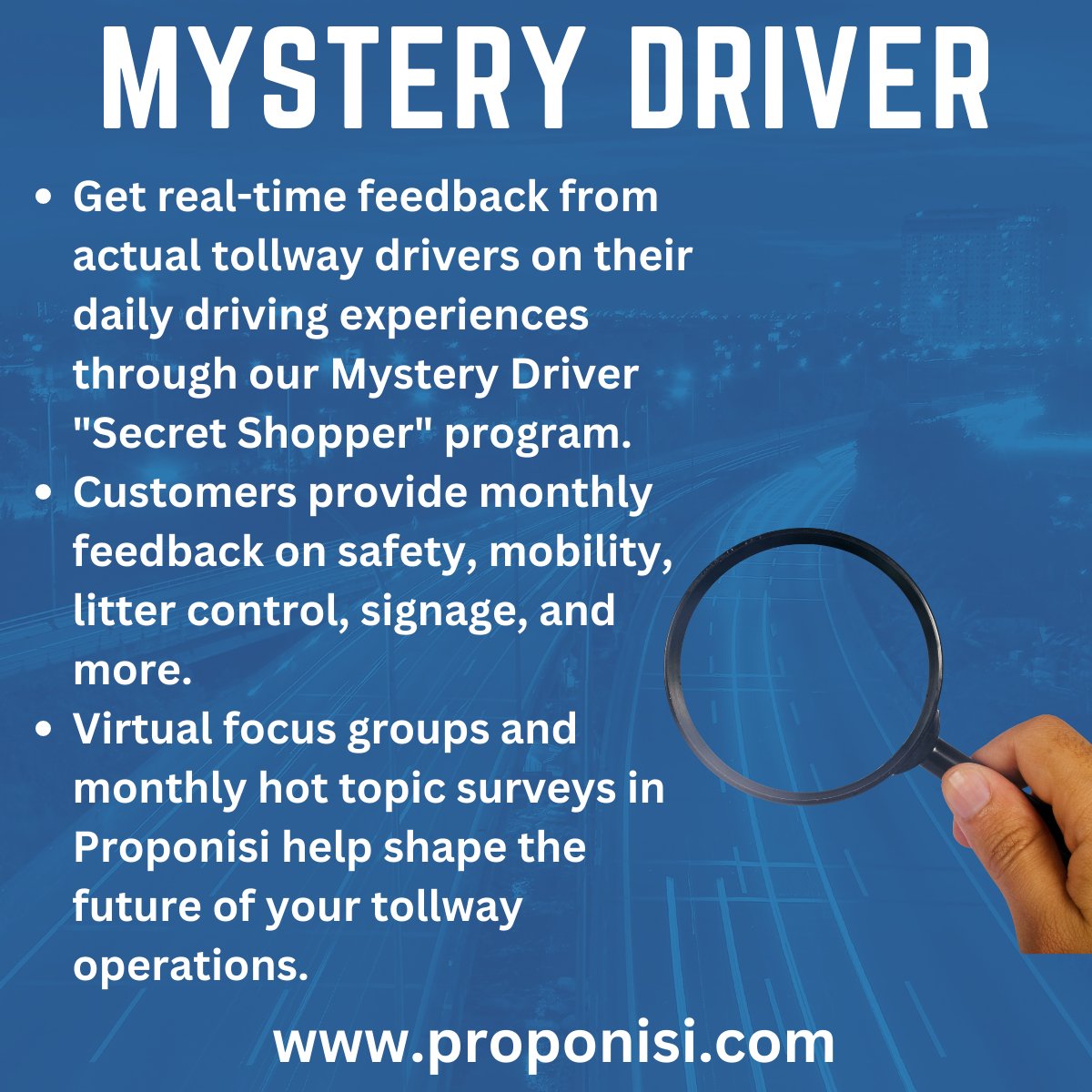 scottothomas's tweet image. The Proponisi Mystery Driver program is an innovative way to gather real-time feedback. Our program allows drivers to act as mystery drivers and provide monthly feedback on safety, mobility, litter control, signage, and more. #tolling #tollway #Customerfeedback #tollroads