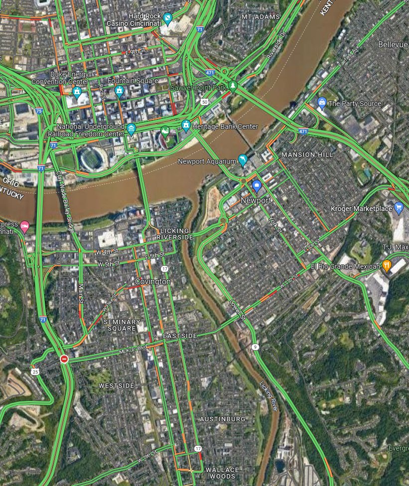 Matt_C_Butler's tweet photo. Good morning from Cincinnati where @ODOT_Cincinnati and @KYTCDistrict6 is looking to spend $3.8B doubling the I-75 corridor to 16 lanes. Meanwhile at peak rush hour, traffic is free flow and the AQI is an unhealthy 140. Cincinnati needs better options. If you agree, Retweet. https://t.co/CtjHO41ker