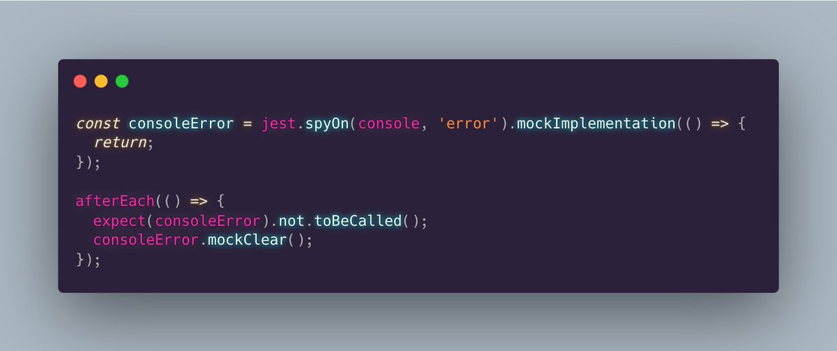 housecor's tweet image. Problem: You want to assure your unit test doesn&apos;t produce console errors.

Solution: Assert that console error hasn&apos;t been called after each test.

This example uses Jest.