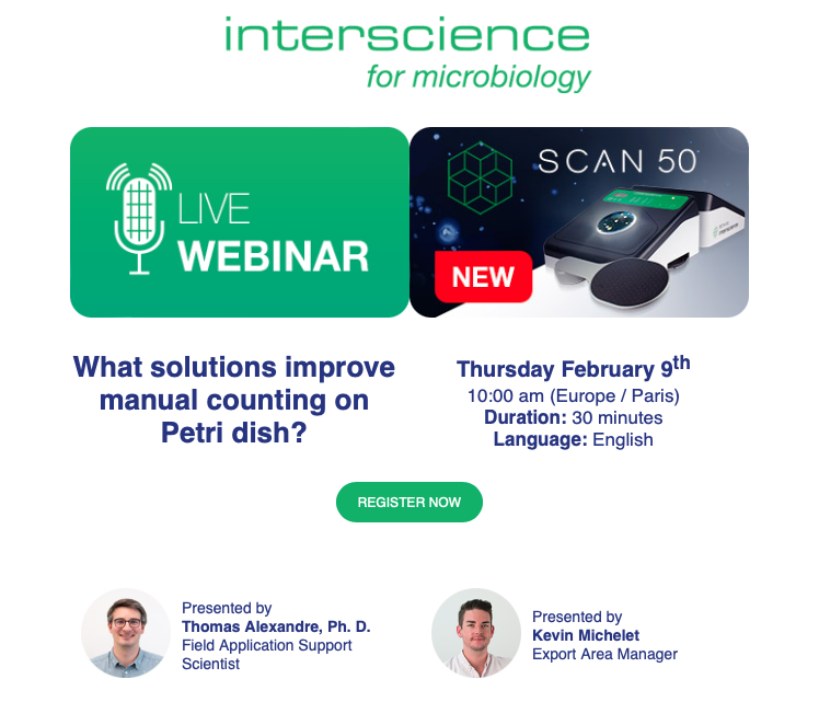 INTERSCIENCE_FR's tweet image. 👋 Colony counting - Petri dish ⚡️
with Thomas Alexandre, Ph. D.
and
Kevin Michelet

🙌 LIVE WEBINAR : Thursday February 9th
10:00 am (Europe / Paris) - 30 minutes - in English

-&amp;gt; Register here:👌
lnkd.in/dsfQeVpQ

#colonycounting #Interscience #Petridish #Microbiology