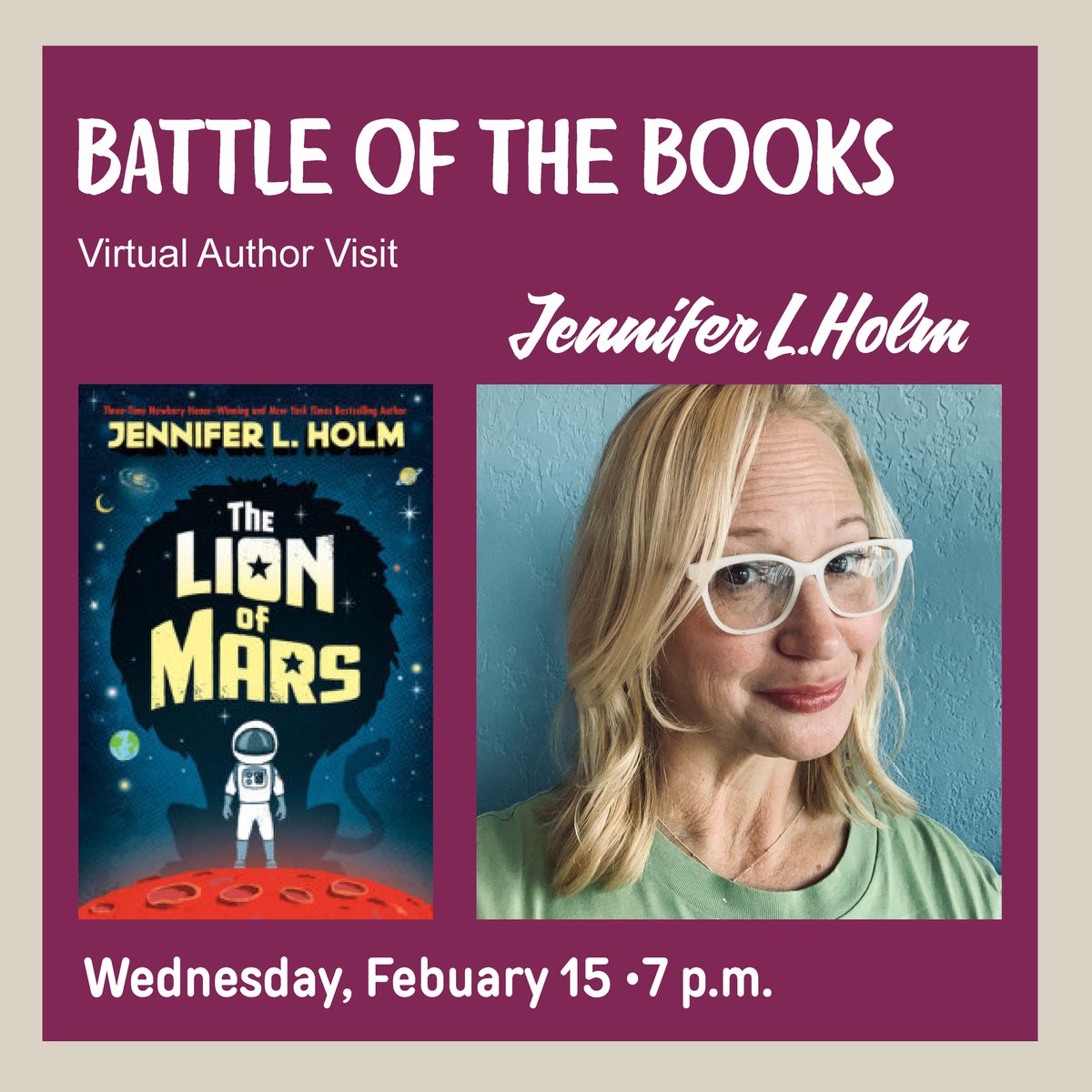 bcplinfo's tweet photo. We are hosting two Battle of the Books  #virtualauthorvisits this month! First is Jennifer L. Holms, author of "Lion of Mars."

Register here: https://t.co/VJEsp2nzi1 https://t.co/KmfrWfTKgr