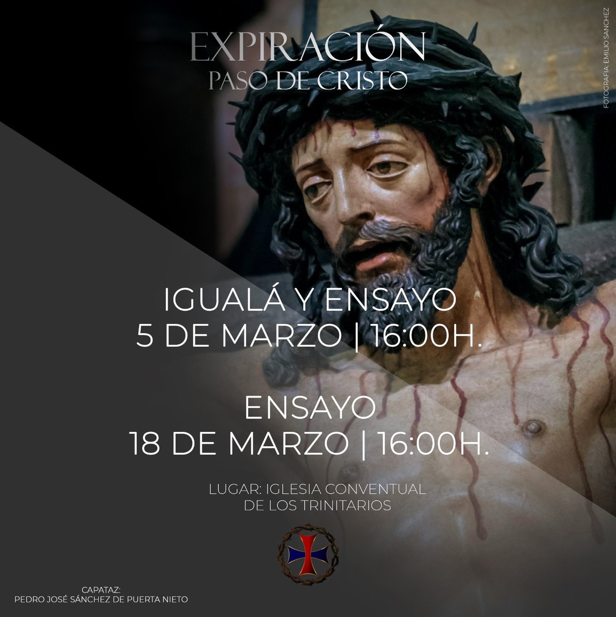 HddExpiracion's tweet photo. Desde el cuerpo de capataces del paso del Santísimo Cristo de la Expiración, nos comunican la fecha de la igualá y de los próximos ensayos:

- Igualá y ensayo | 5 de marzo - 16.00h
- Ensayo | 18 de marzo - 16.00h

⛪️ Iglesia Conventual de la Stma. Trinidad (Convento) https://t.co/zjzKBQOF0r