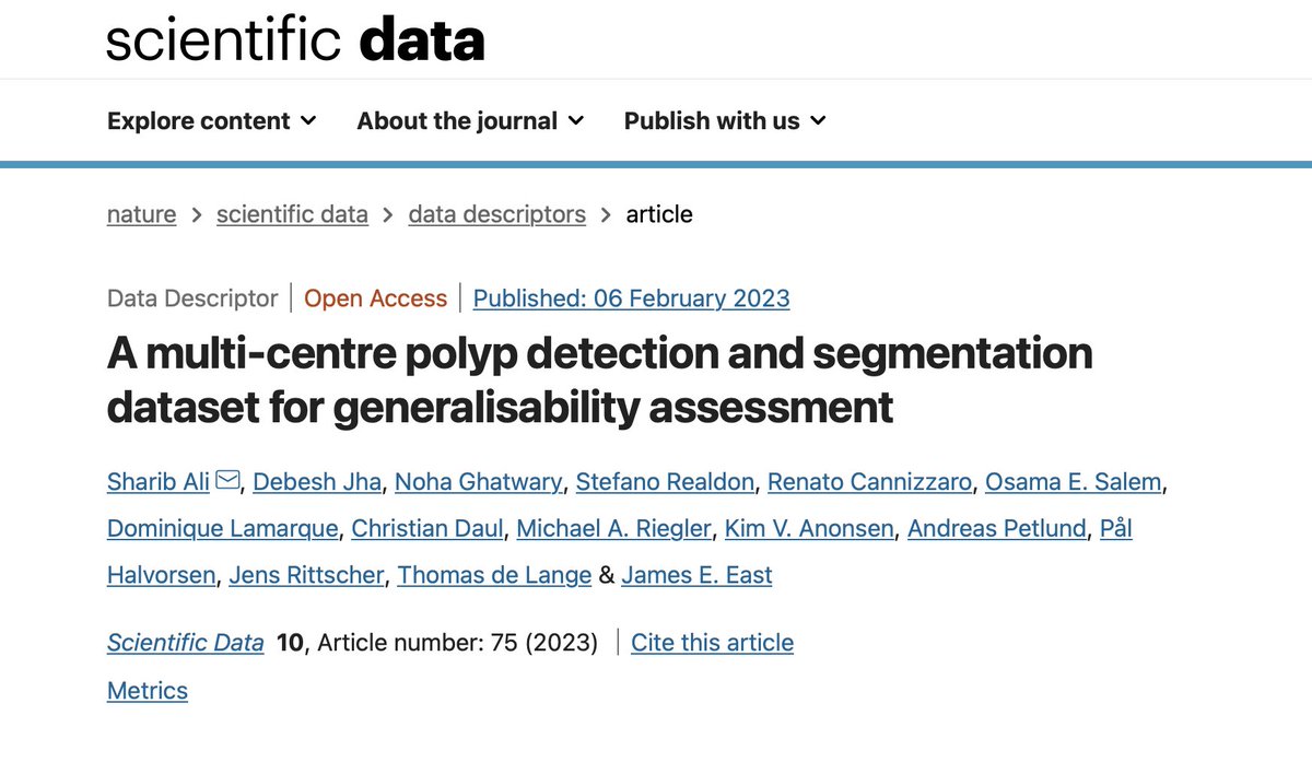 Our collaborative effort of curating polyps, a cancer precursor lesion, observed in #colonoscopy screening has now been  published @ScientificData.
Generalisable #AI approaches are needed to be validated on multicentre data to tackle #coloncancer. 
Link: rdcu.be/c40iH