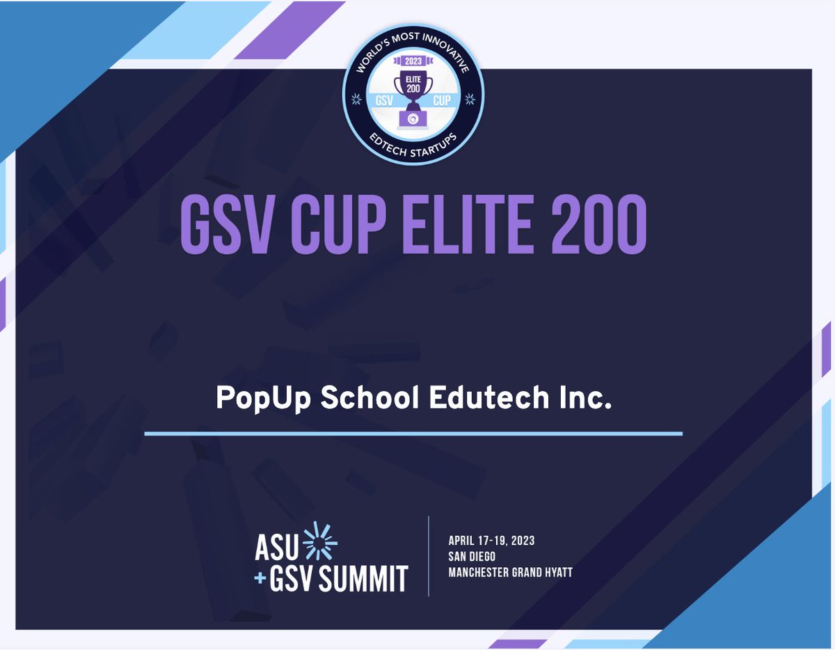 Thrilled to be a GSV Cup semifinalists, the Elite 200–top pre-seed &amp; seed stage EdTech startups. Selected from 750+ global applicant pool, evaluated by 175+ leading global VC firms &amp; strategic partners on "Five P's" framework: people, product, potential, predictability, &amp; purpose