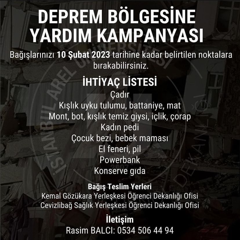 Bağışlarınızı 10 Şubat 2023 tarihine kadar Öğrenci Dekanlığı ofislerimize bırakabilirsiniz. 
📞İletişim: Rasim Balcı 0534 506 44 94 
#deprem 
@OGRENCIDEKANI