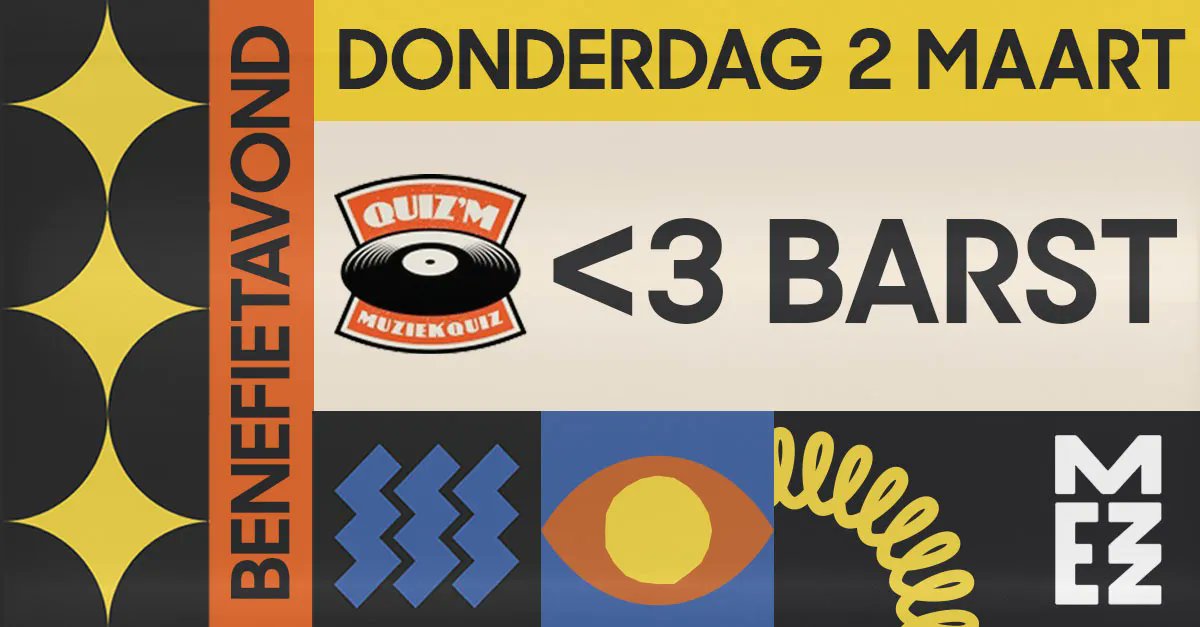 BredaBarst's tweet photo. Op 2 maart organiseren we samen met Quiz’M een speciale benefietavond in Mezz. Mezz stelt gratis hun zaal beschikbaar, dus alle opbrengsten uit de kaartverkoop gaan direct naar ons. Stel snel een team samen (max. 4 personen) en koop je ticket! https://t.co/yx9QzkLeed https://t.co/GCoOPxFMyT