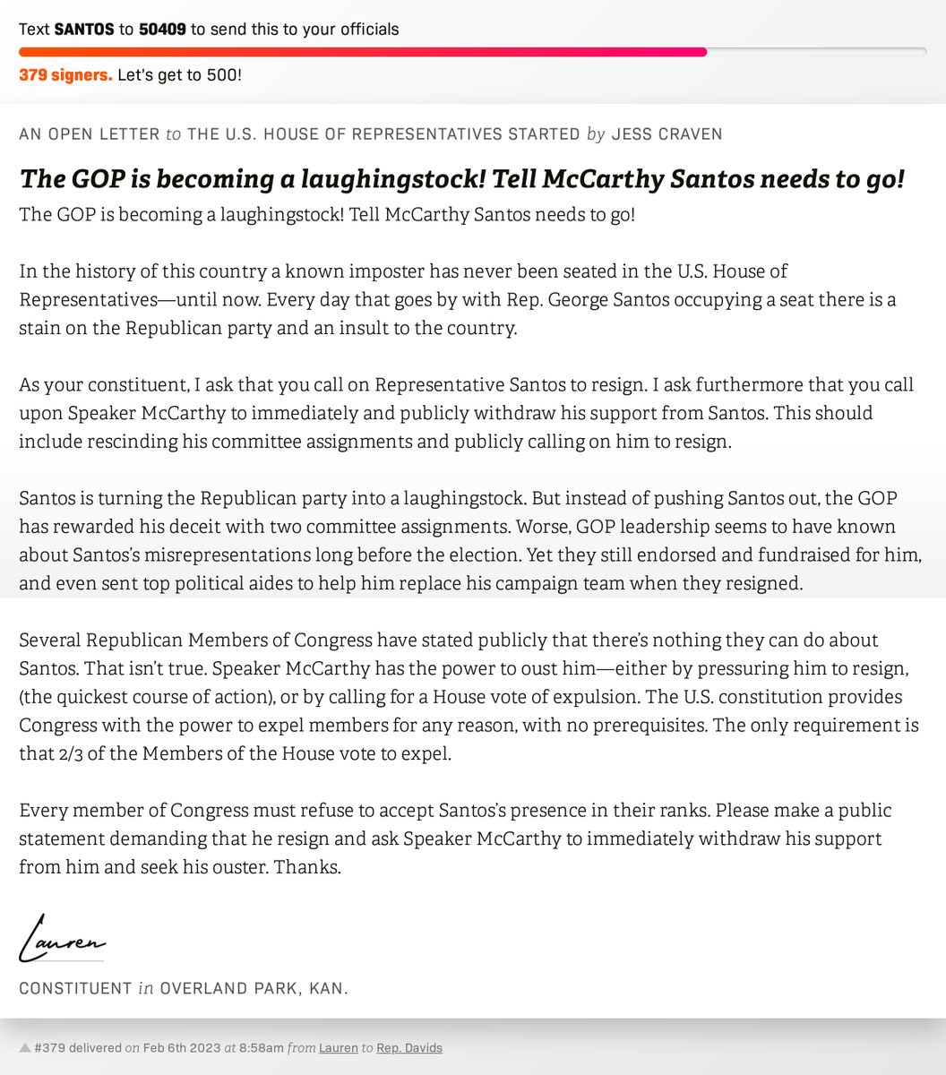 openletterbot's tweet photo. ๐ Sign The GOP is becoming a laughingstock! Tell McCarthy Santos needs to go! and I'll deliver a copy to your officials: https://t.co/eSLWBBEn38 ๐จ No. 379 is from Lauren to @RepDavids #KS3 #KSpolitics #KSpol #KSpoli https://t.co/pDfmRTvBQv