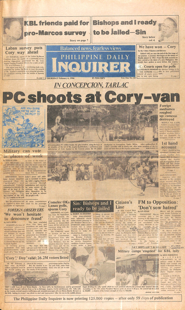 ProjectGunitaPH's tweet photo. #Snap86 | Snapshots from the 1986 snap elections, campaign, and fraud

Ang headline ng @phildailyinq sa araw na ito, 37 na taon na ang nakakaraan: Binaril at pinaulanan ng bala ng mga elemento ng Philippine Constabulary ang convoy ni Cory Aquino sa Tarlac.
#DefendHistoricalTruth https://t.co/MqWIoO7SCw